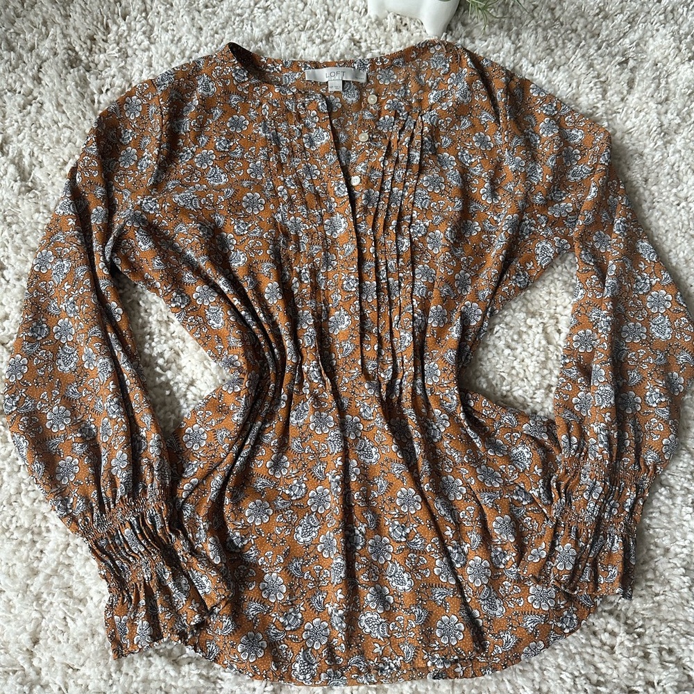 Loft bohemian mustard yellow brown puffer sleeve bell floral bohemian fa…